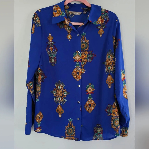 motto Tops - Motto Fashions Blue Orante Status Print Chiffon Button Down Size 16